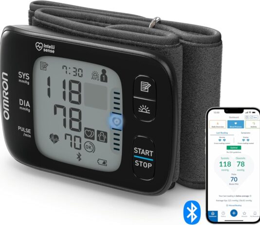 Ciśnieniomierz nadgarstkowy Omron RS7 – jak działa i dlaczego powinniśmy wybrać go do domowej kontroli ciśnienia? Kompaktowy ciśnieniomierz nadgarstkowy Omron RS7 z wyświetlaczem na białym tle