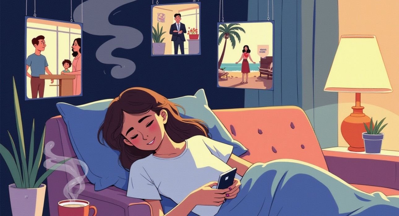 kobieta odkładająca telefon z ulgą spacerująca w parku wśród zieleni jesiennej