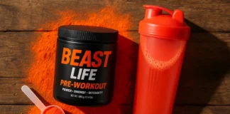 Kofeina, beta-alanina, cytrulina – składniki, które decydują o sile Twojego treningu Muskularny sportowiec miesza suplement przedtreningowy w shakerze na siłowni