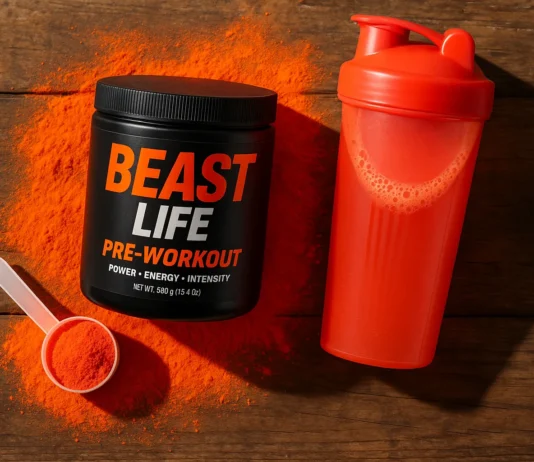 Kofeina, beta-alanina, cytrulina – składniki, które decydują o sile Twojego treningu Muskularny sportowiec miesza suplement przedtreningowy w shakerze na siłowni