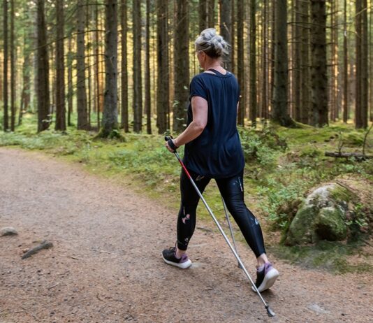 Buty do nordic walking – jak dobrać model do terenu i poziomu zaawansowania? Para ergonomicznych butów do nordic walking na białym tle z kijkami obok