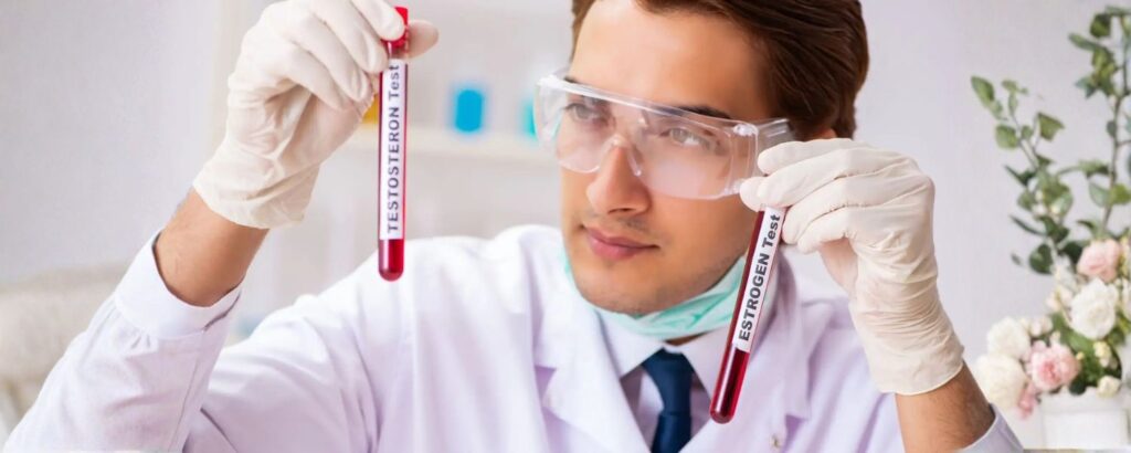 Laboratoryjna diagnostyka hormonów przysadki Laborant przygotowuje próbkę męskiej krwi do analizy hormonalnej